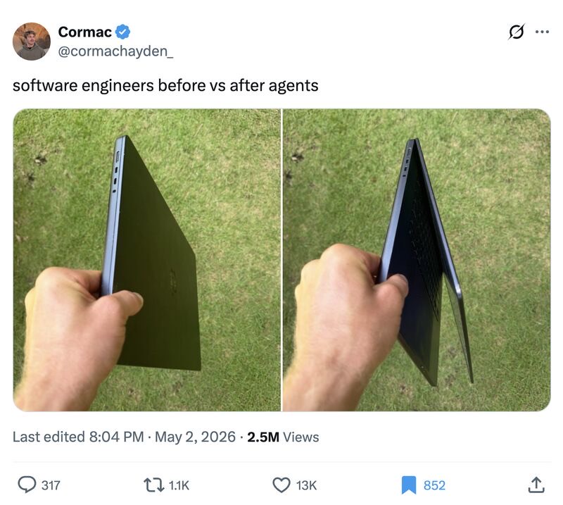 Meme screenshot titled software engineers before vs after agents, showing a laptop fully closed before agents and partly open after agents.