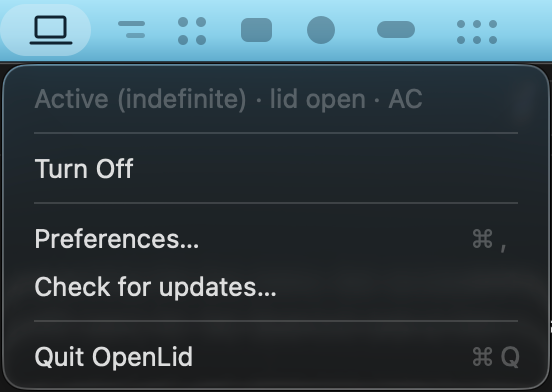 OpenLid menu-bar context menu showing active status, Turn Off, Preferences, Check for updates, and Quit OpenLid.