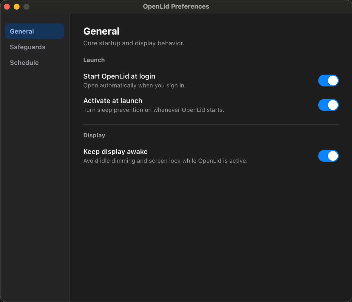 OpenLid Preferences General tab with login, activate at launch, and keep display awake toggles enabled.