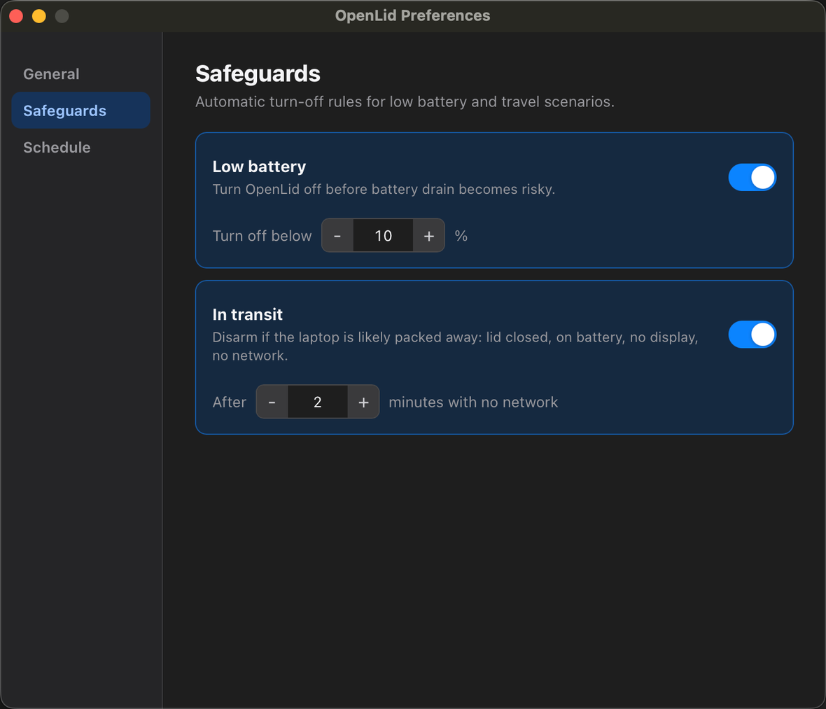 OpenLid Preferences Safeguards tab showing low battery and in-transit automatic turn-off rules.
