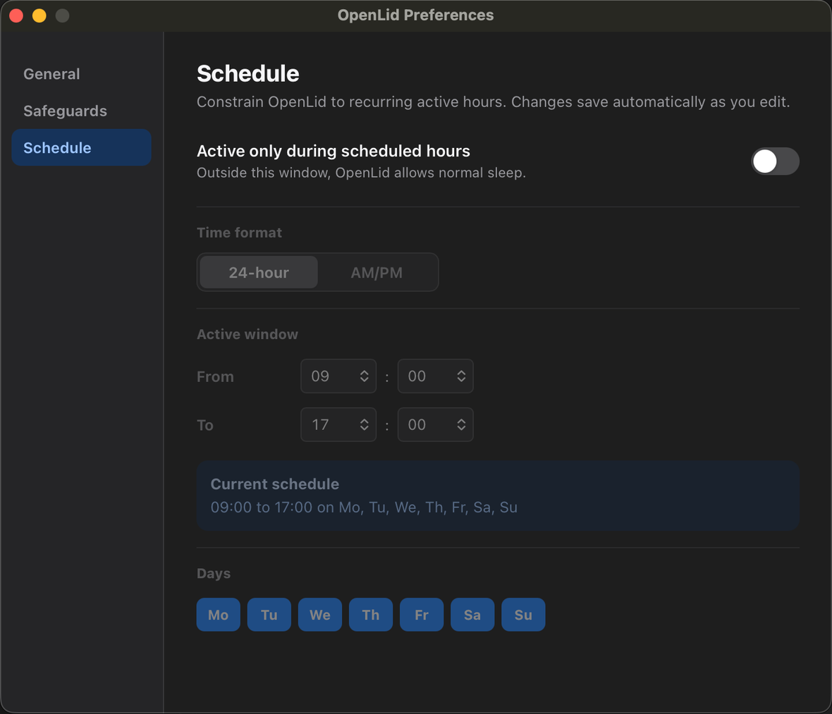 OpenLid Preferences Schedule tab showing scheduled active hours and selected weekdays.